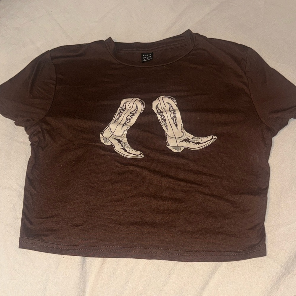 SHEIN Brown Crop Top with Cowboy Boots Graphic